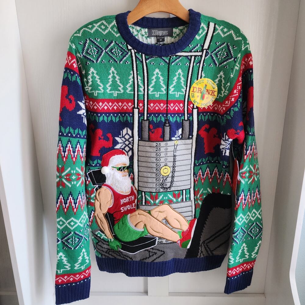 32 Degrees Mens Med Ugly Christmas Sweater North Swole Bodybuilder‎ Drink Pocket